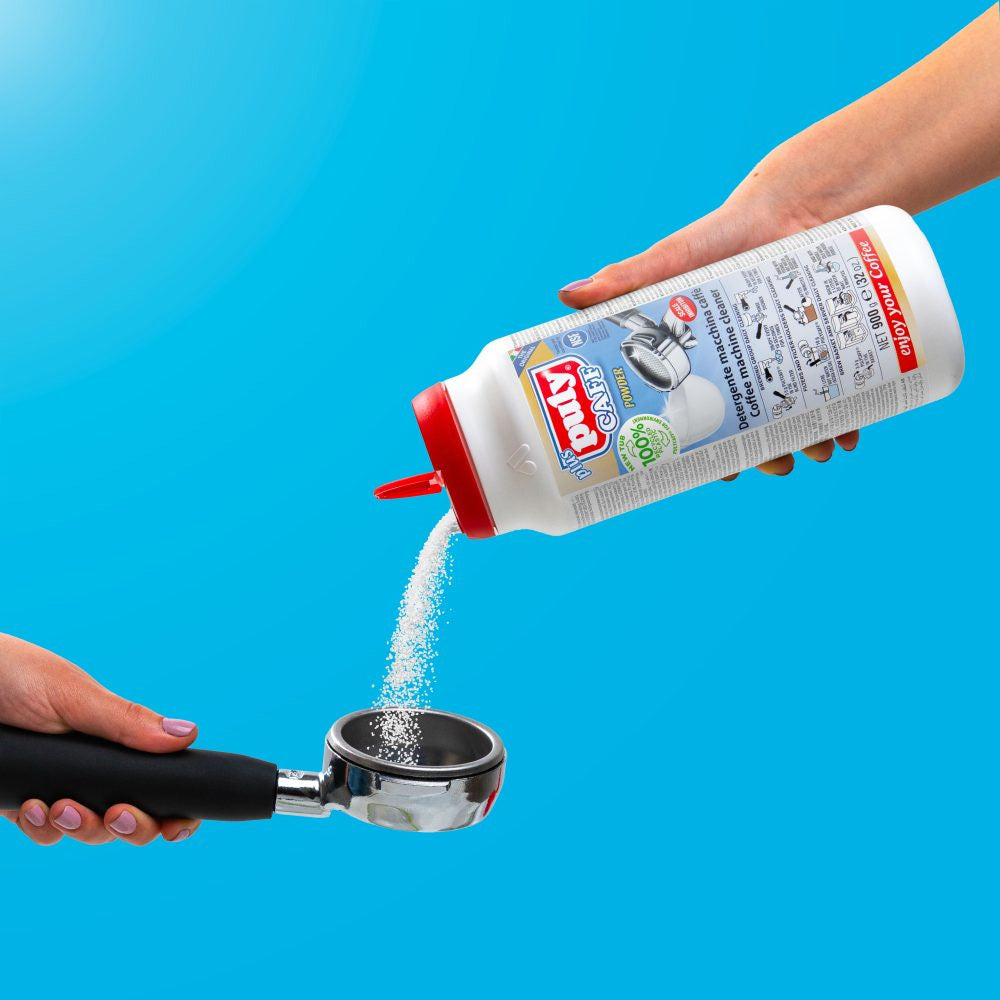 Puly Caff Group Head Cleaning Powder on Blue Background