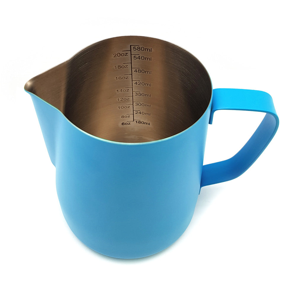 Blue milk pitcher on a white background top view showing measurements