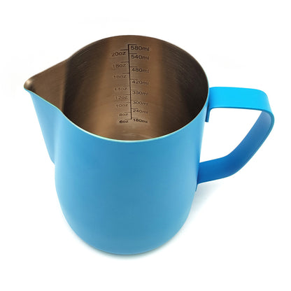 Blue milk pitcher on a white background top view showing measurements