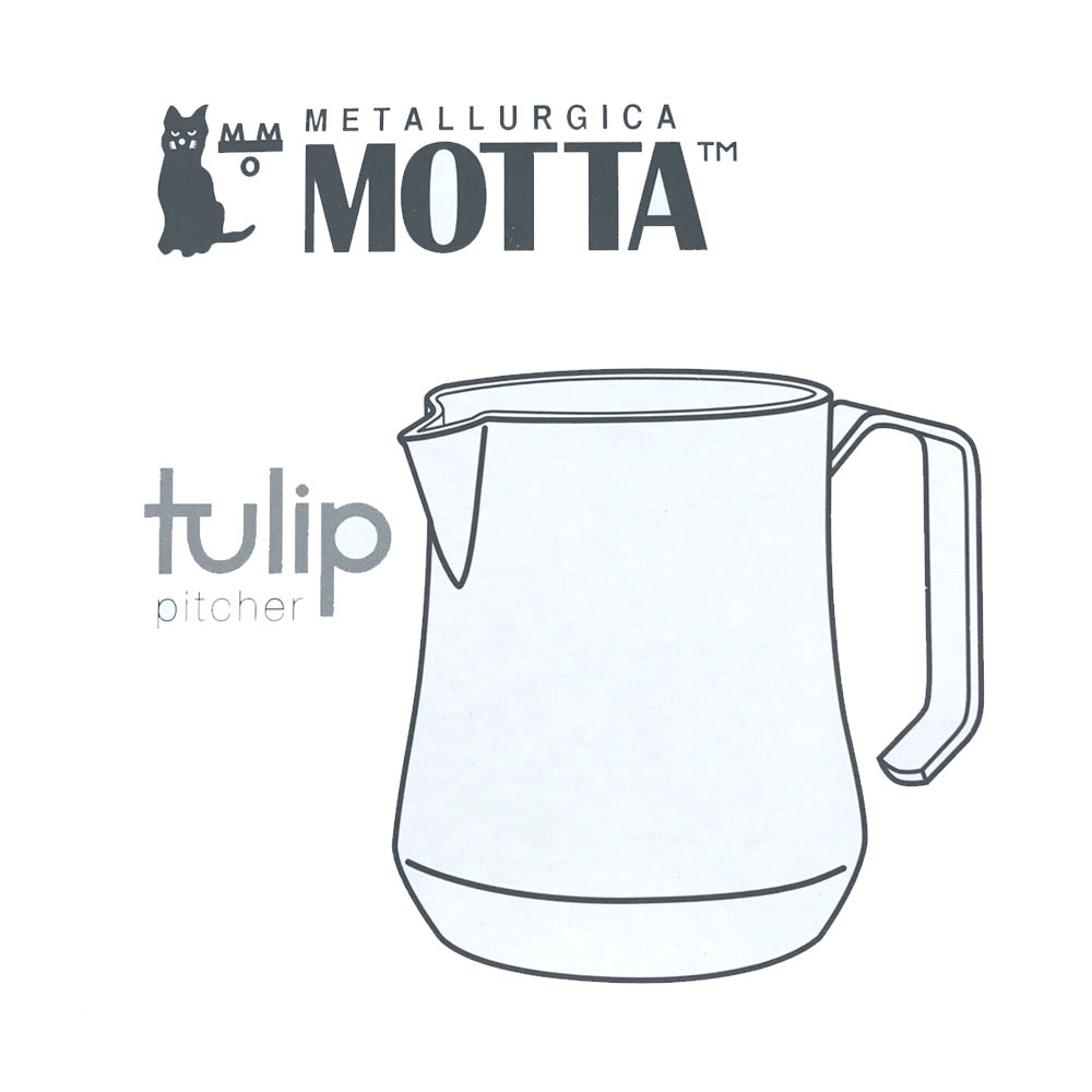 Line drawing of a tulip pitcher with Metallurgica Motta branding on a white background